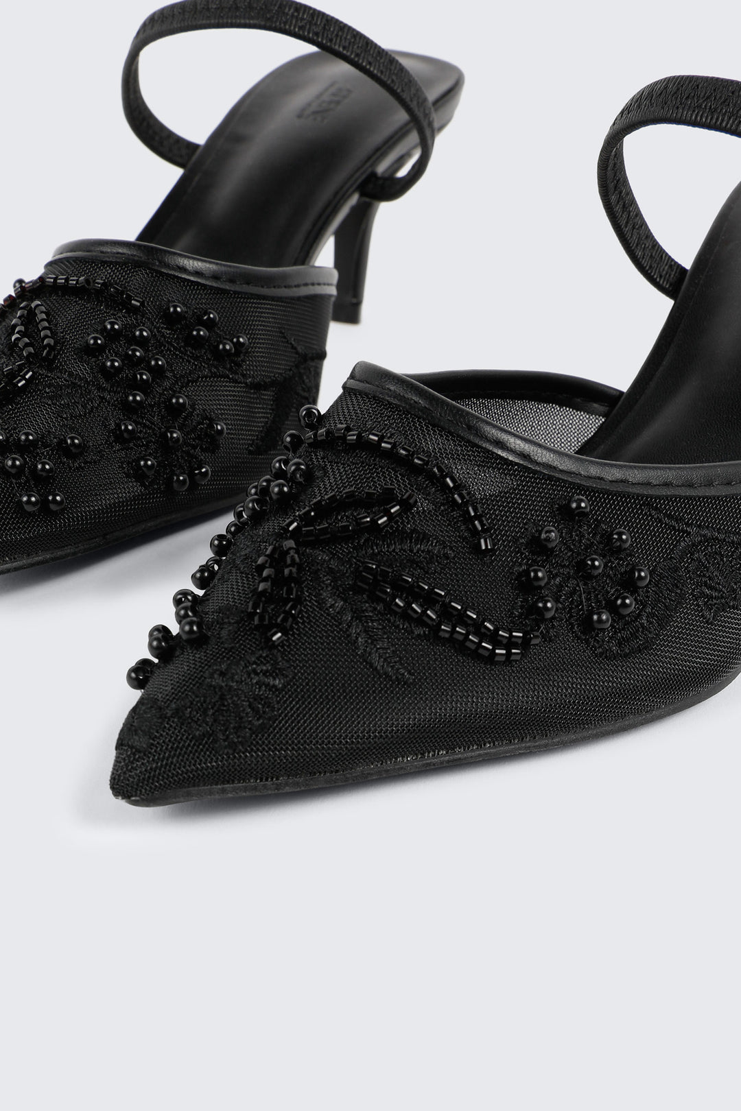 Embroidered Mesh Mule Heels