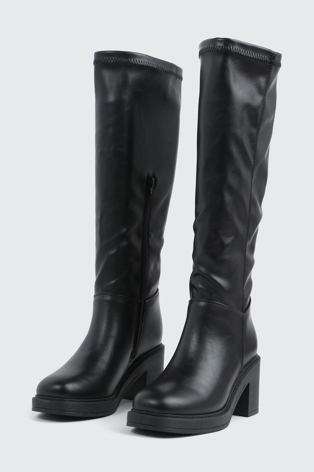 Block Heel Faux Leather Knee High Boots