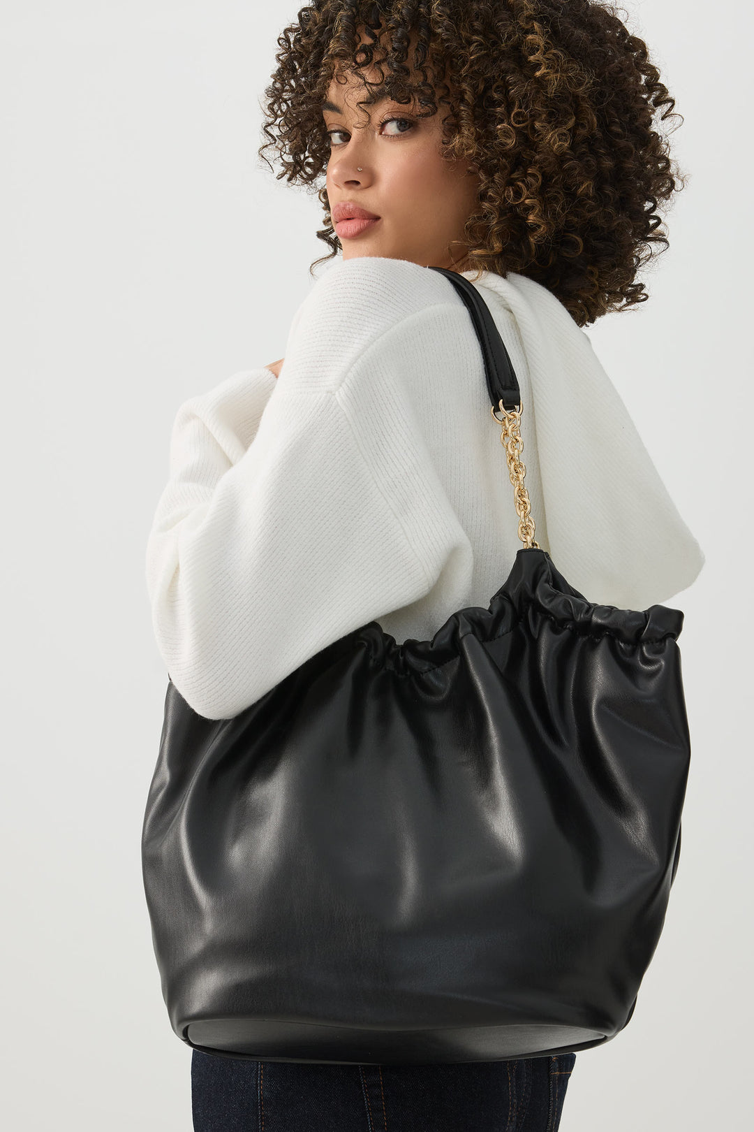 Ruched Tote Bag with Chain Straps