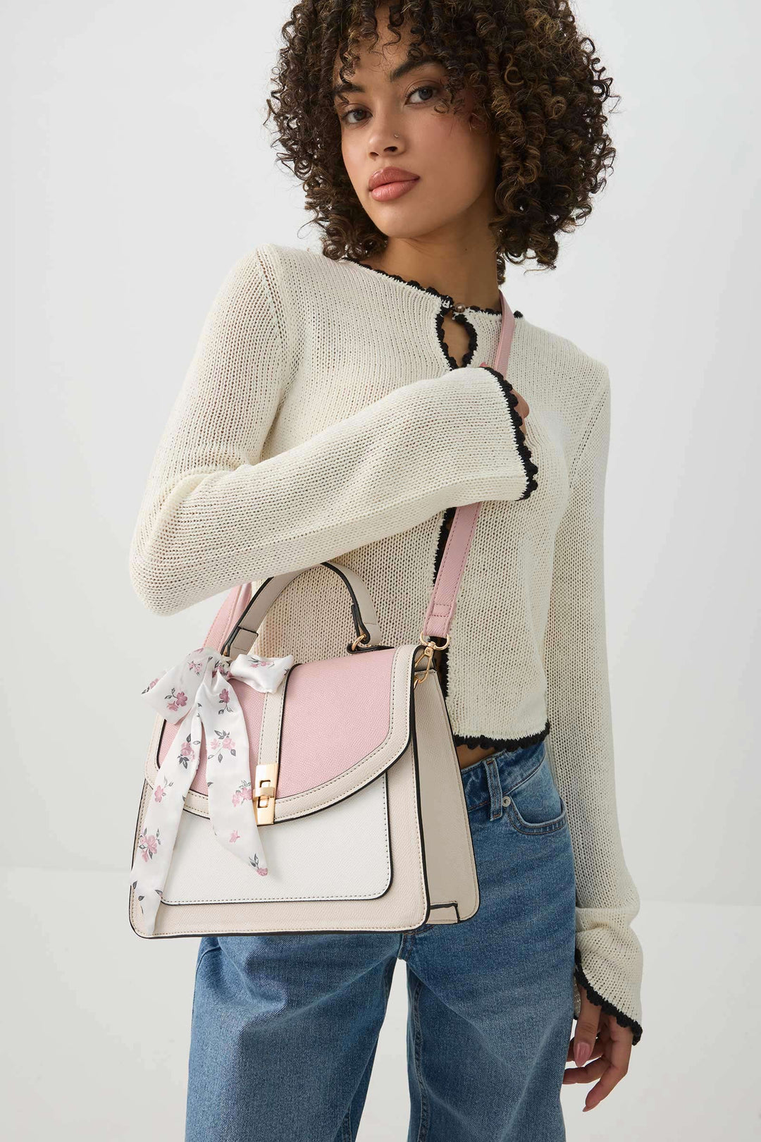 Top Handle Square Bag with Scarf Detail