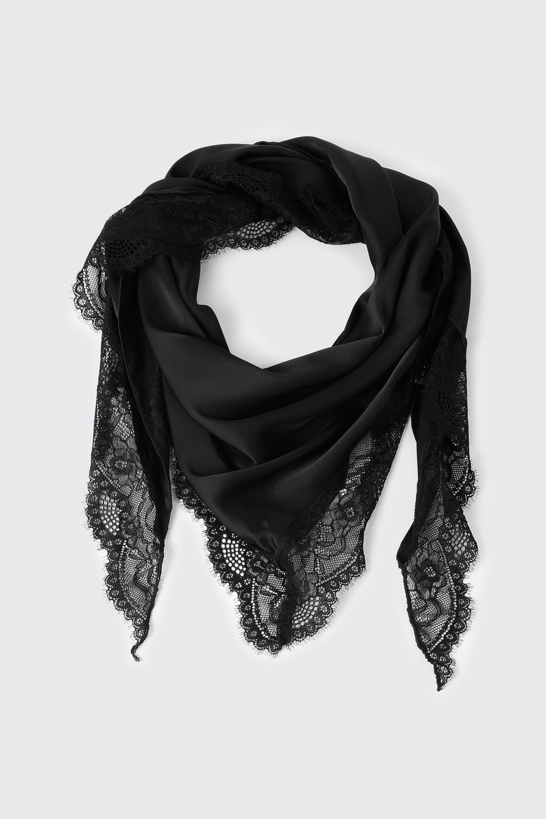Triangular Satin Scarf with Lace Trim