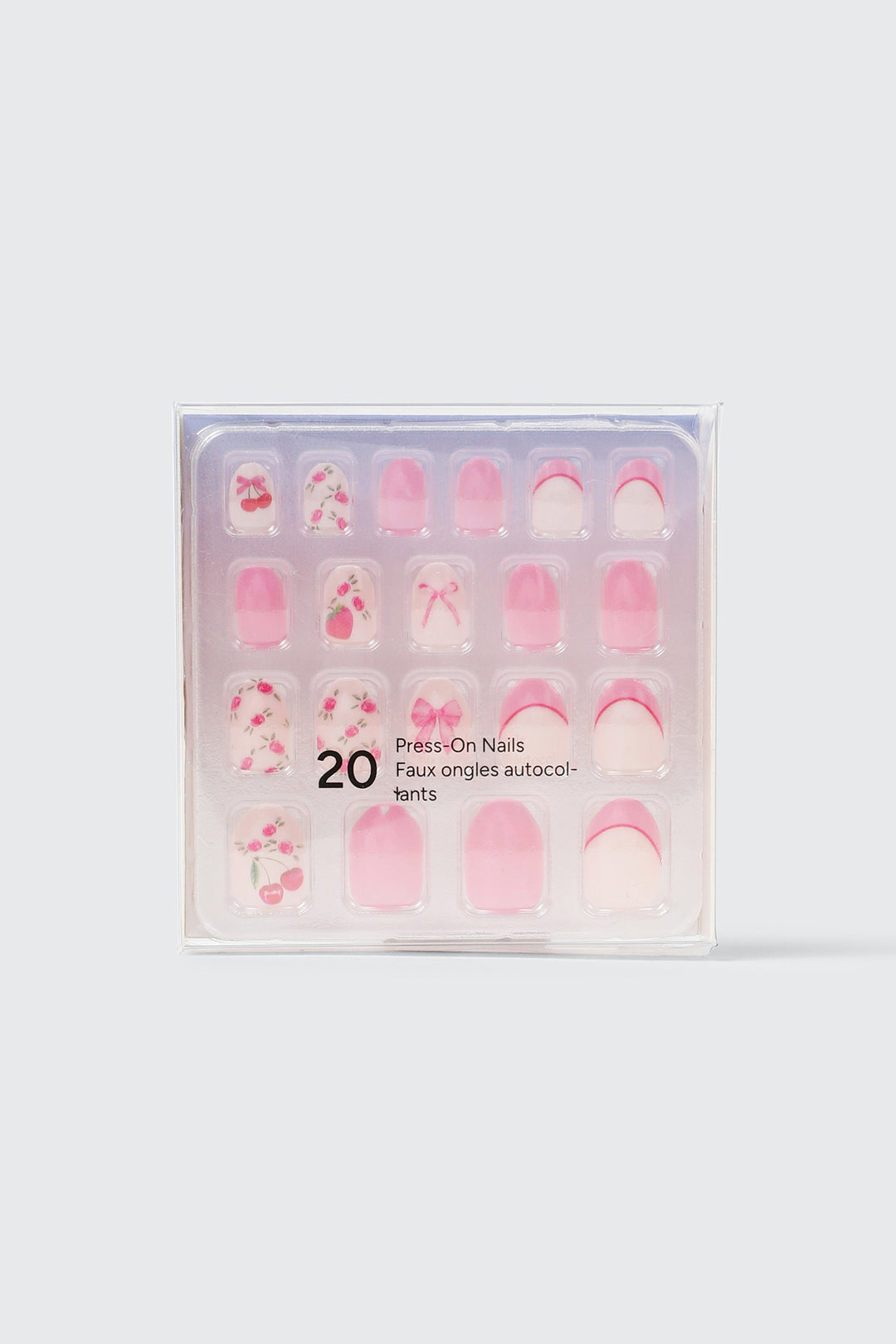 Paquet de 20 faux ongles autocollants cerises et fleurs