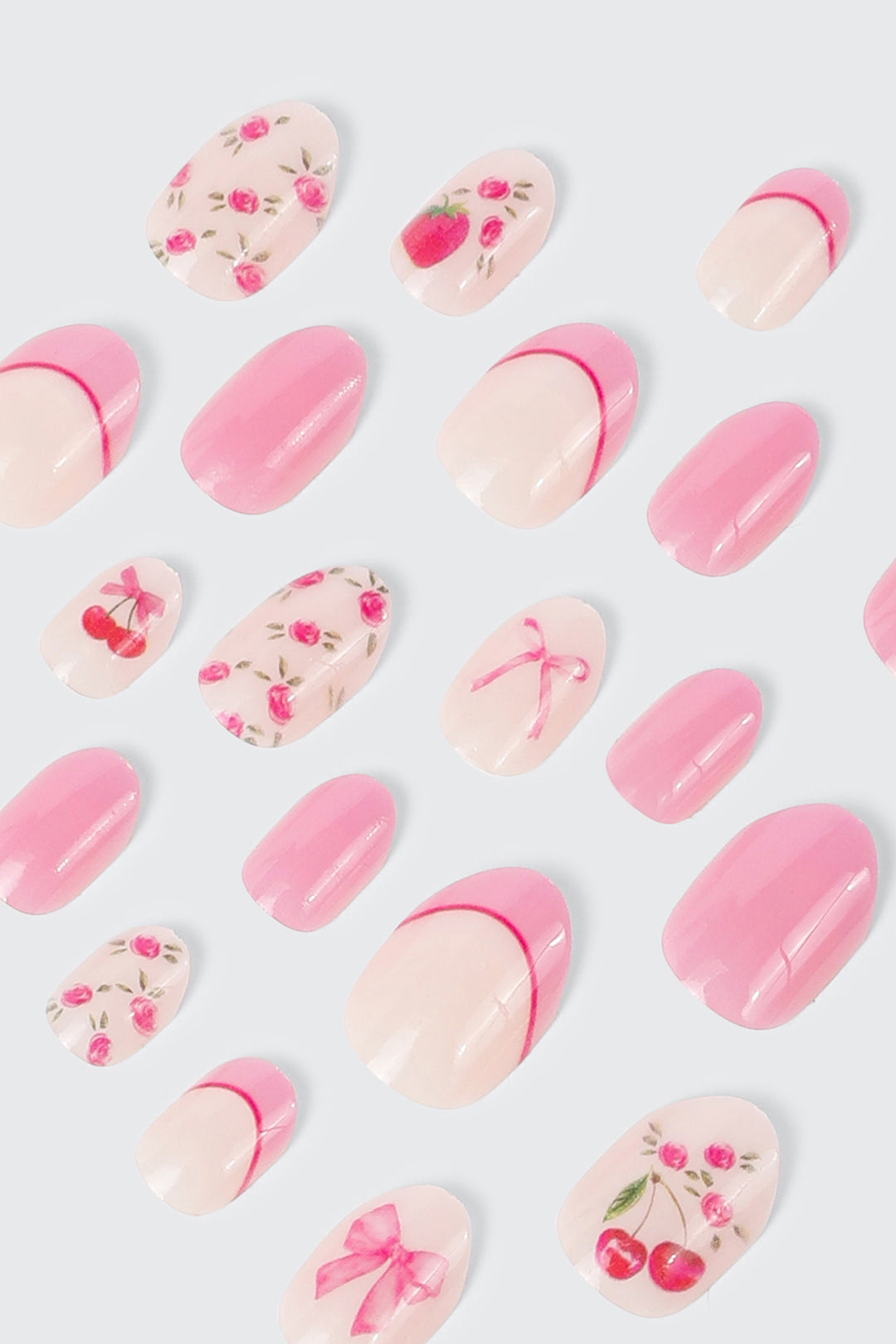 Paquet de 20 faux ongles autocollants cerises et fleurs