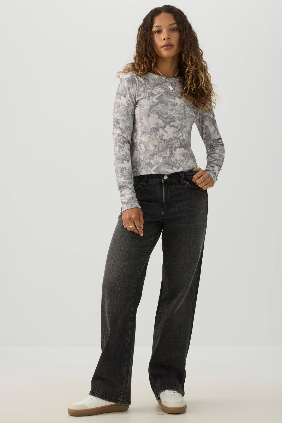 Foliage Print Ribbed Top