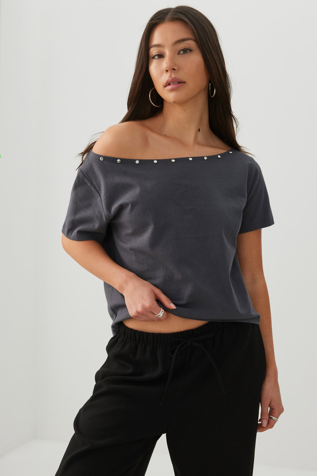 Studded Off Shoulder T-Shirt