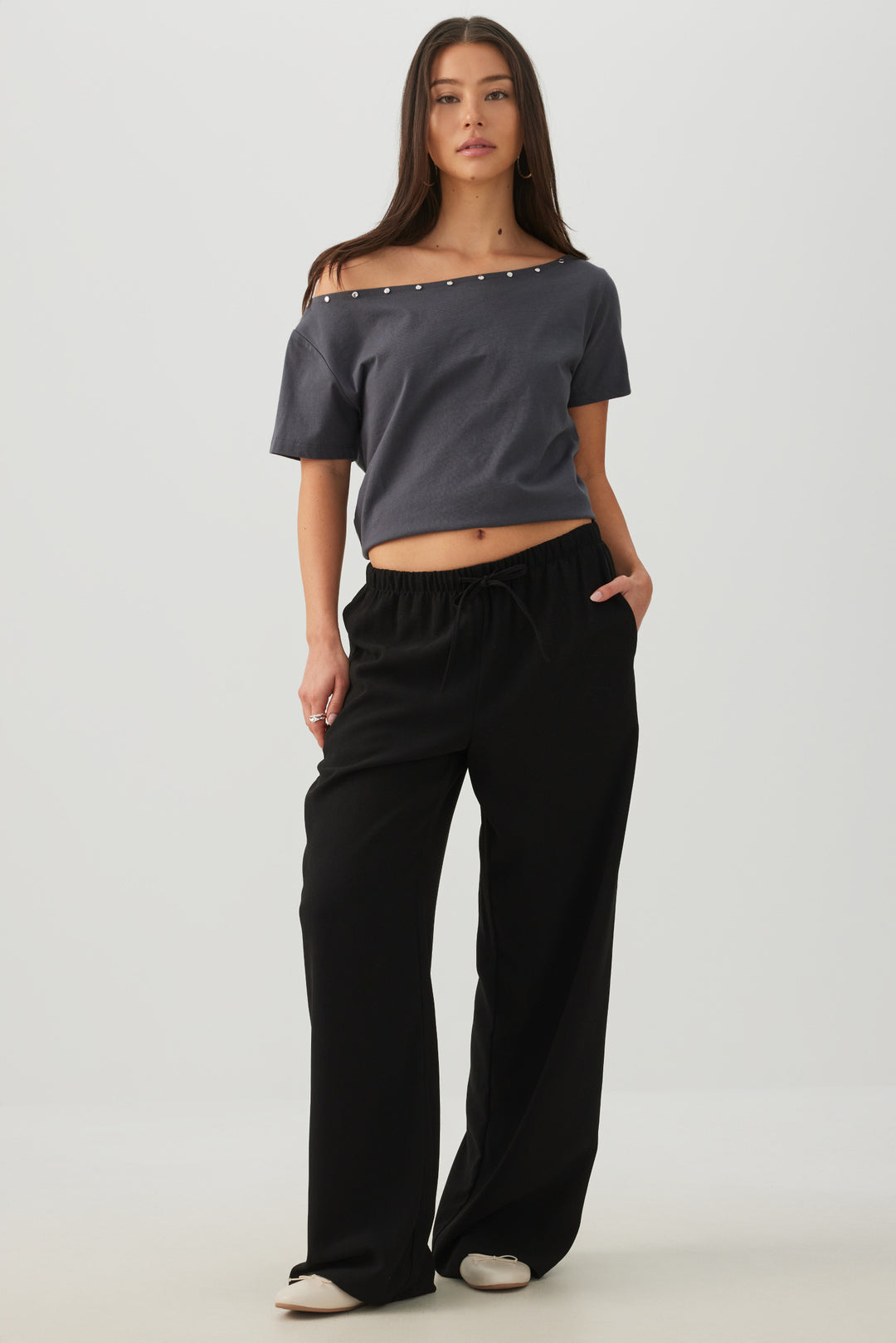 Studded Off Shoulder T-Shirt
