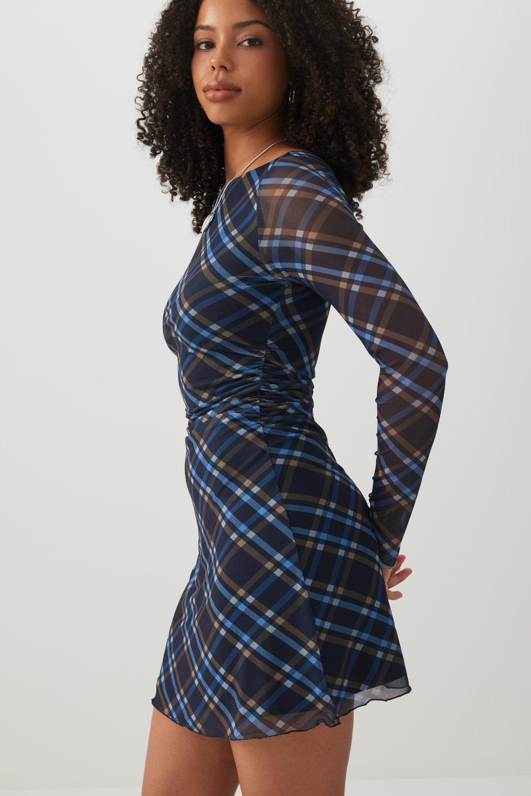Plaid Mesh Ruched Mini Dress