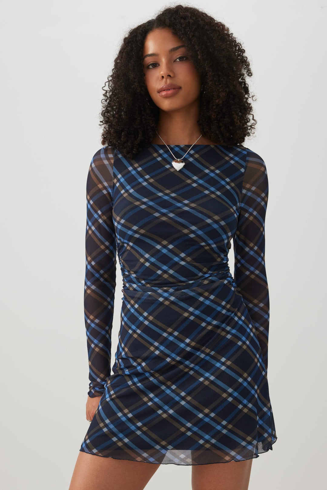 Plaid Mesh Ruched Mini Dress
