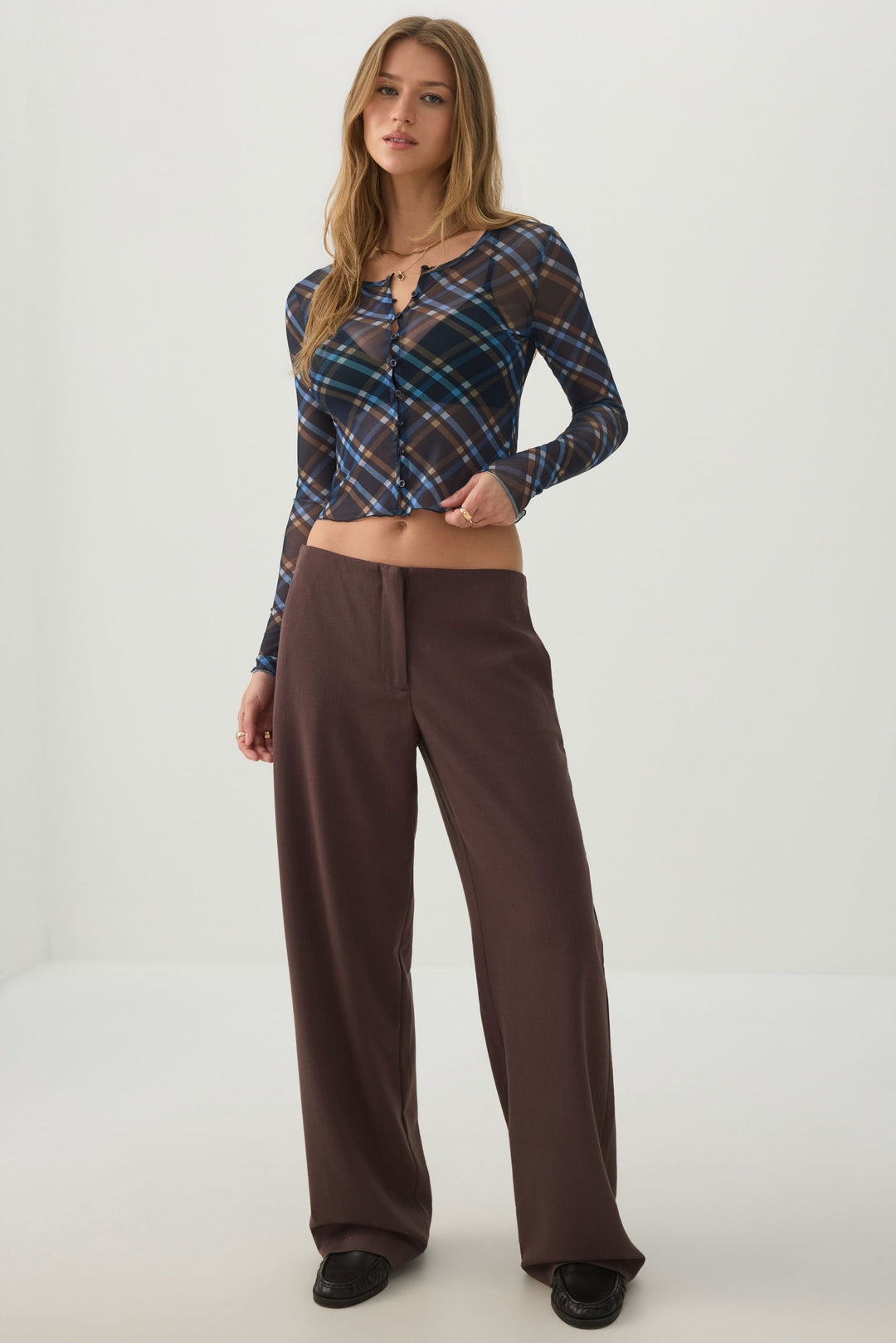 Plaid Mesh Button Front Cardigan