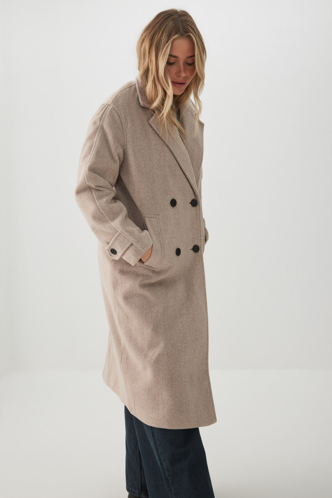 Oversized Herringbone Double Breasted Coat