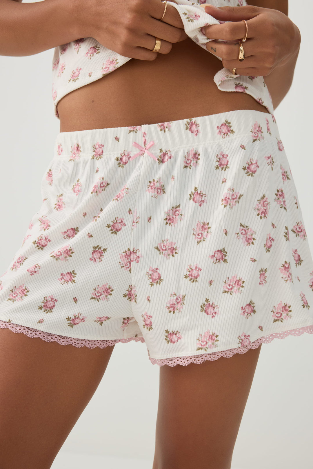 Floral Lace Trim Waffle PJ Set