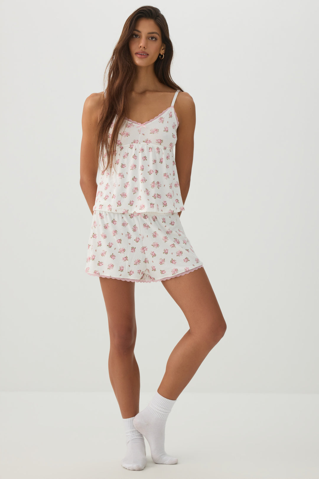 Floral Lace Trim Waffle PJ Set