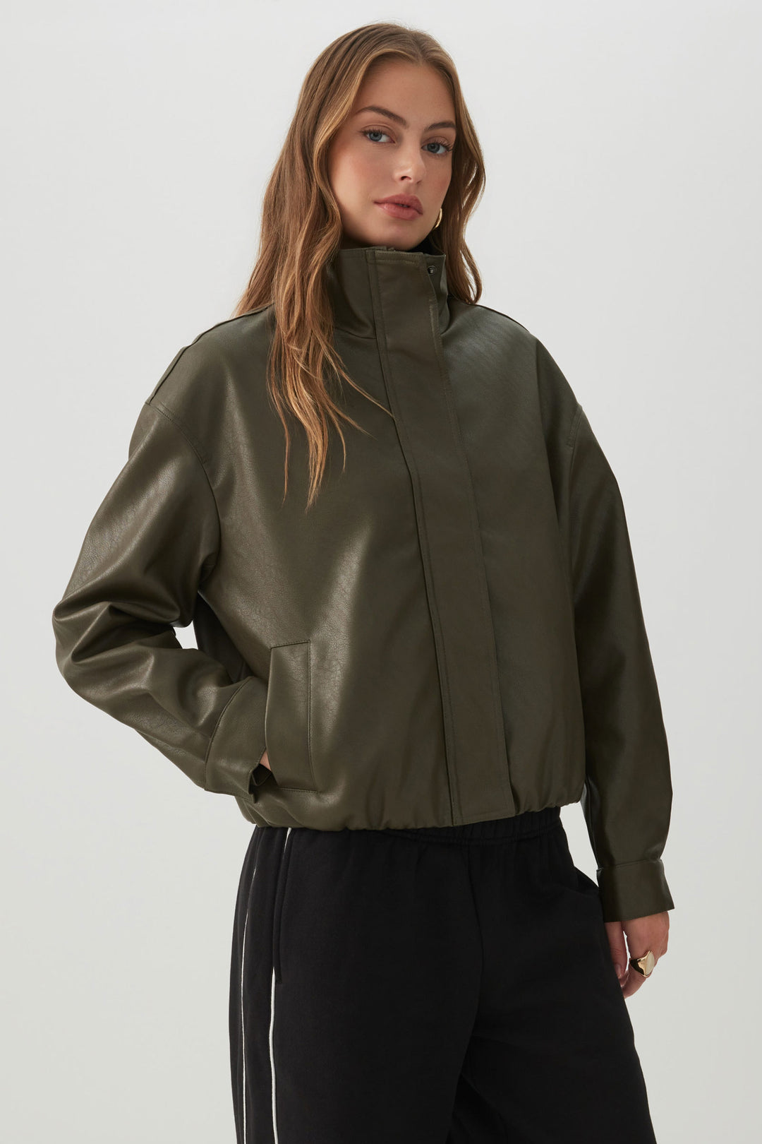 Faux Leather High Collar Jacket