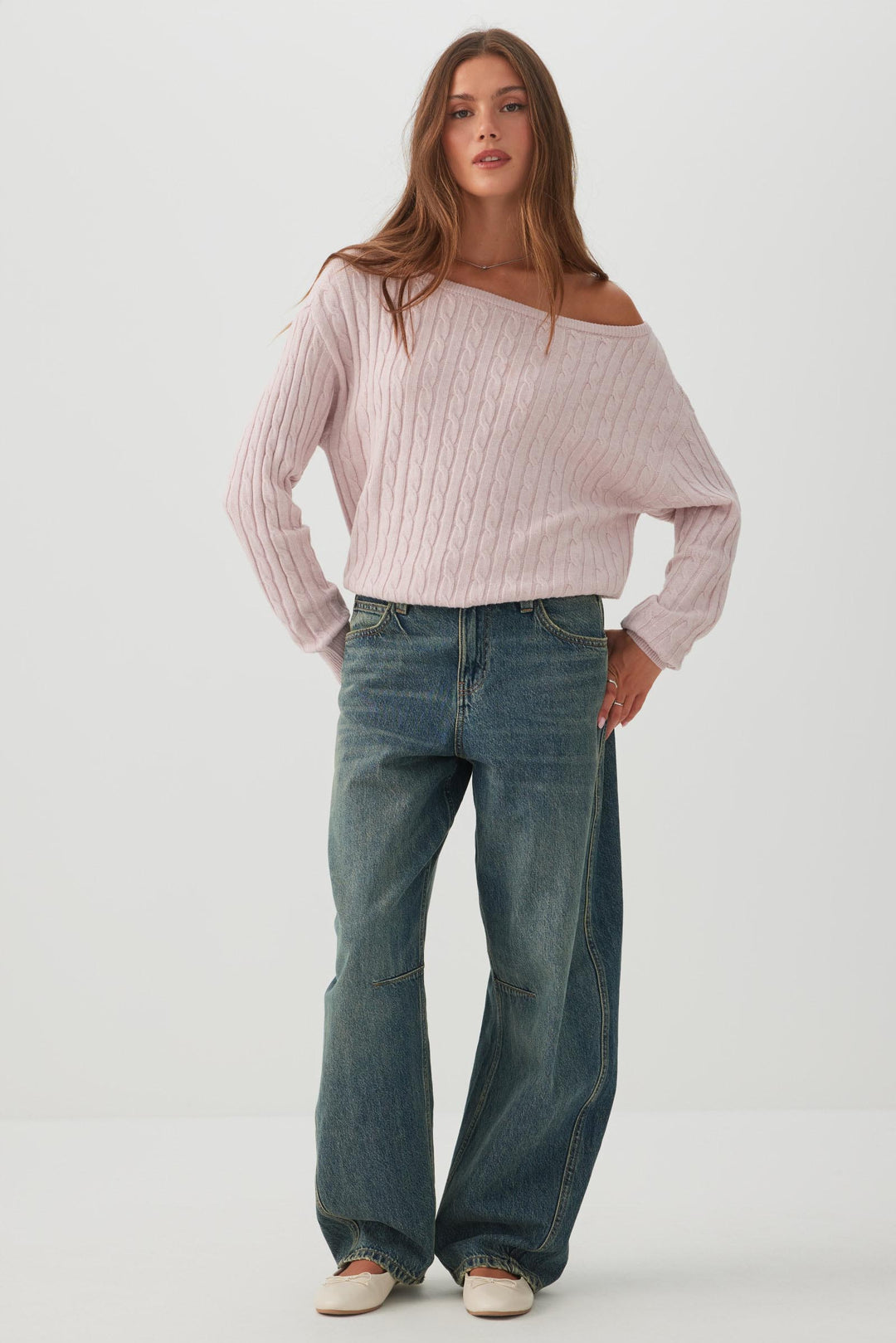 Cable Knit Off Shoulder Sweater