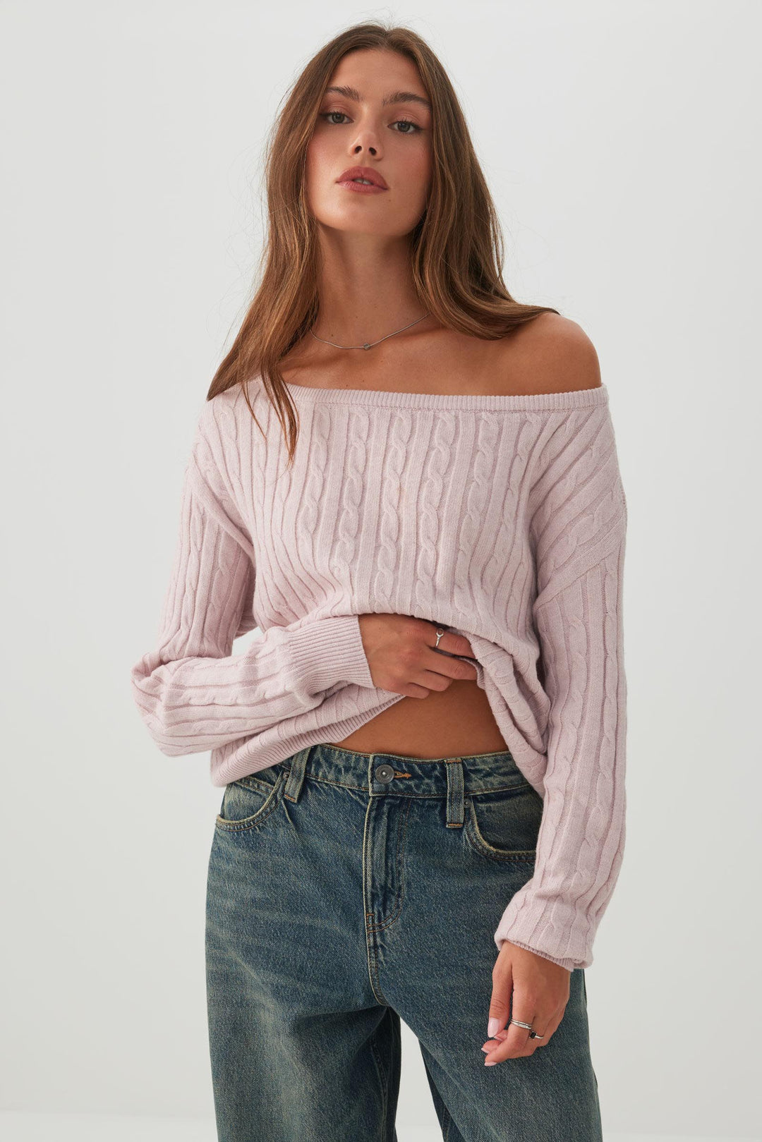 Cable Knit Off Shoulder Sweater