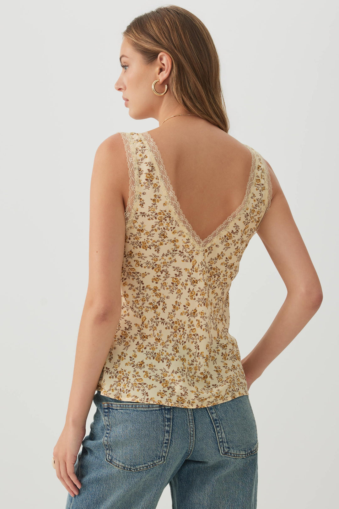 Floral Woven Tank Top with Lace Trim
