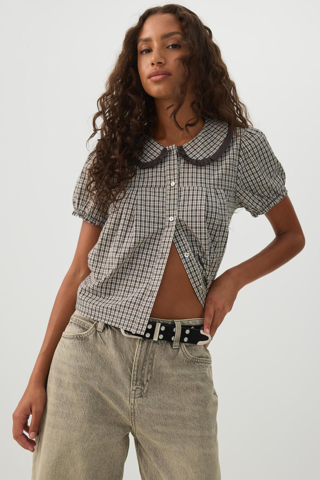 Plaid Puff Sleeve Button Up Shirt