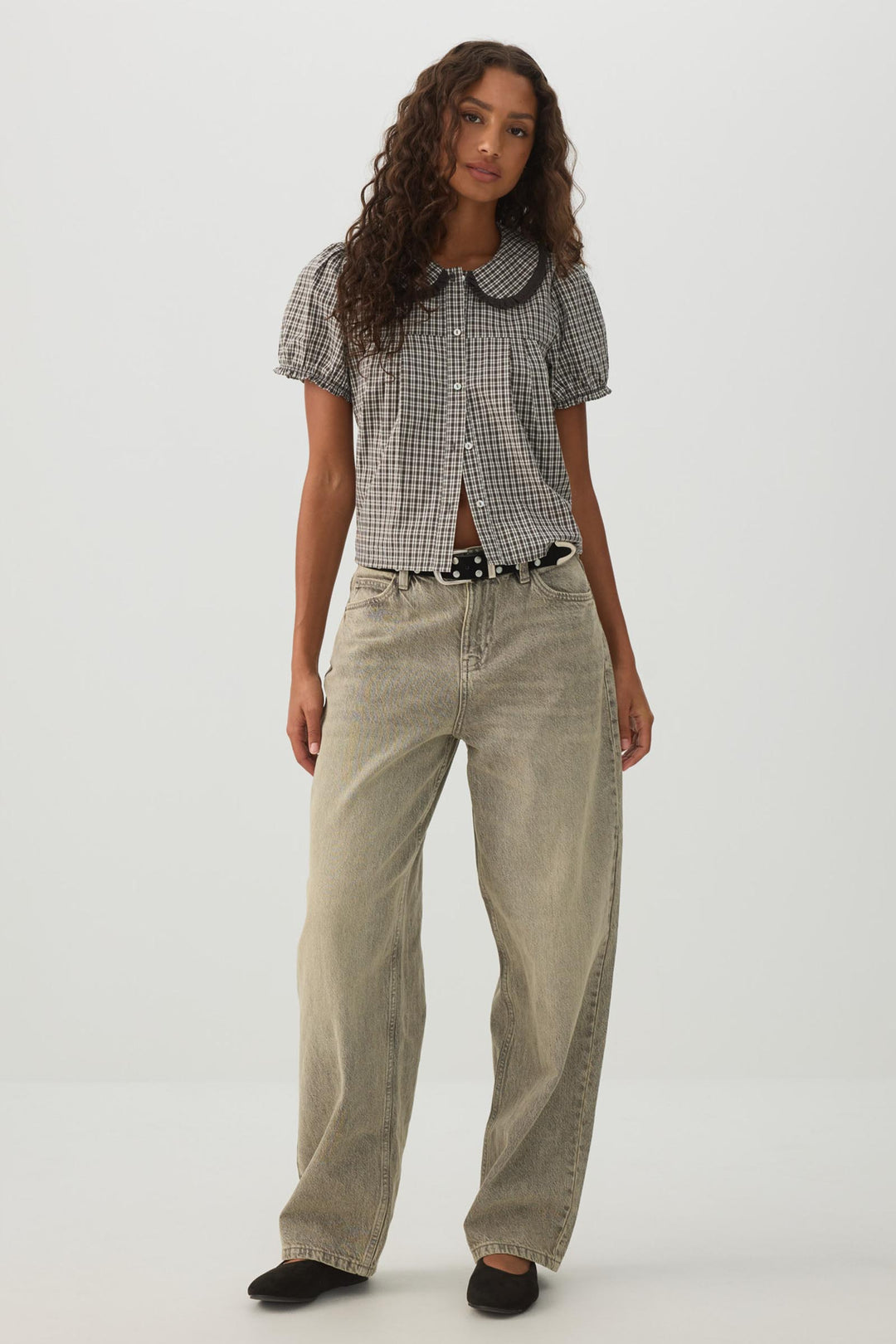 Plaid Puff Sleeve Button Up Shirt