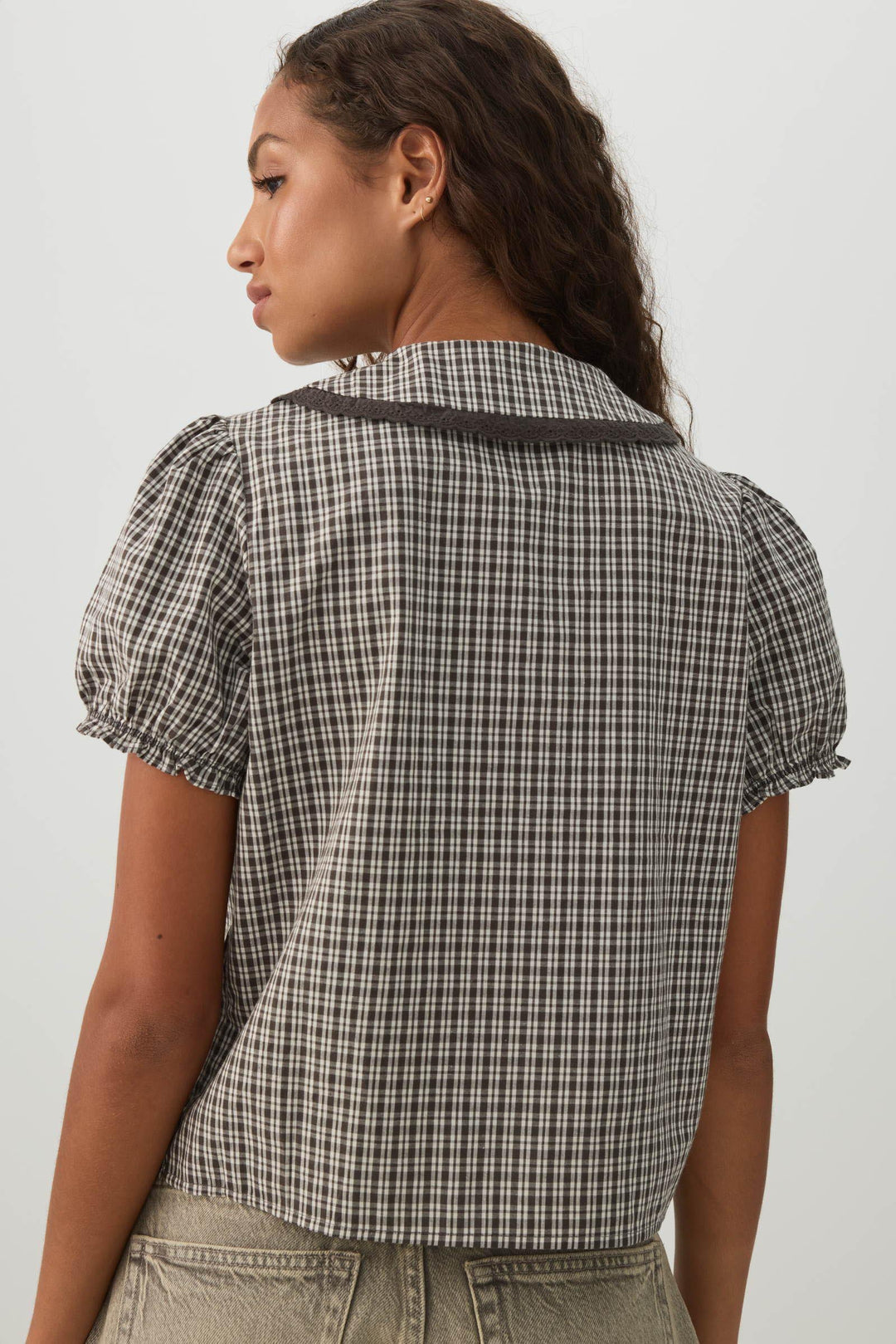 Plaid Puff Sleeve Button Up Shirt