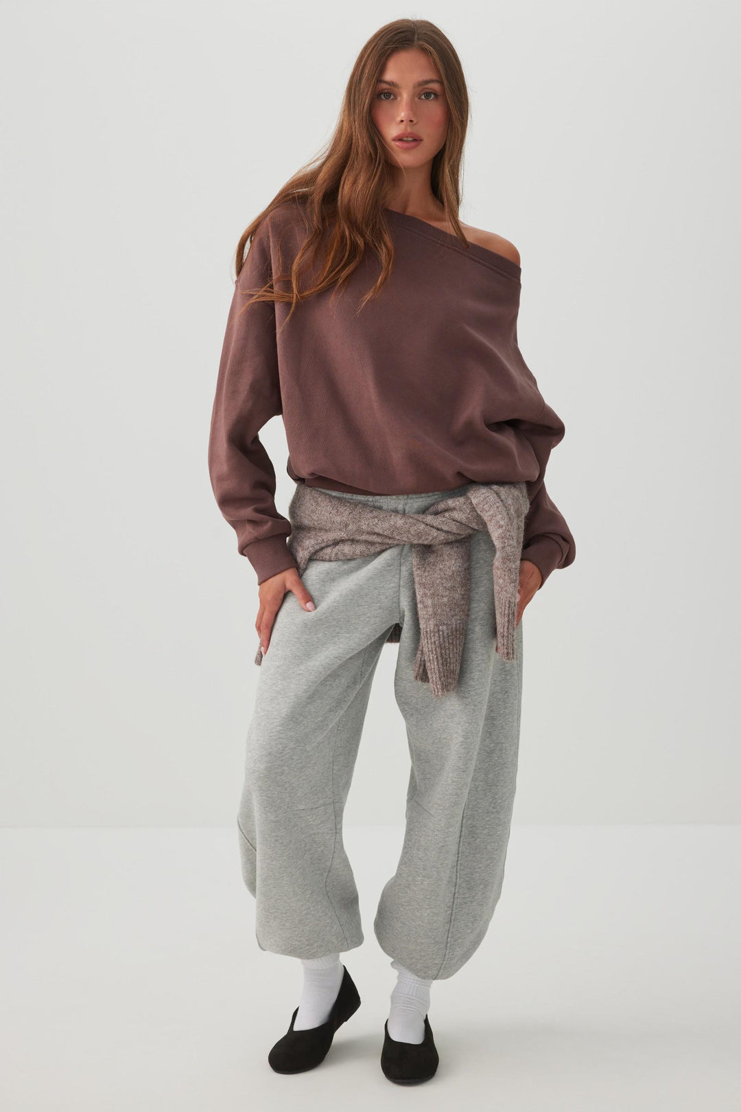 Off Shoulder Cotton Fleece Sweatshirt