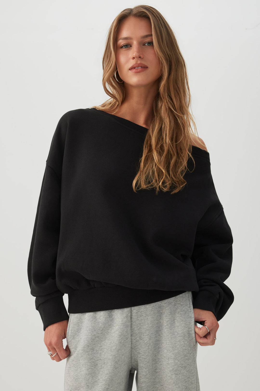 Off Shoulder Cotton Fleece Sweatshirt