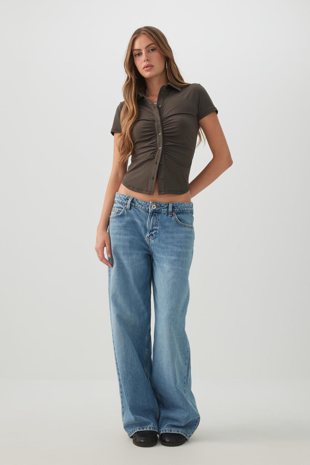 Ruched Button Front Shirt