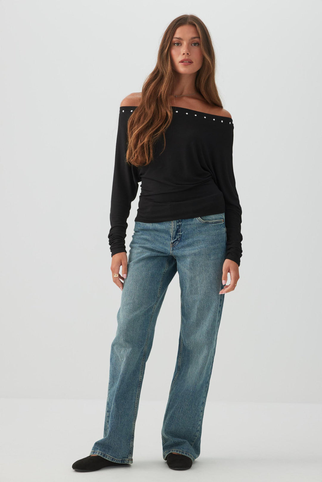 Studded Off-Shoulder Batwing Top