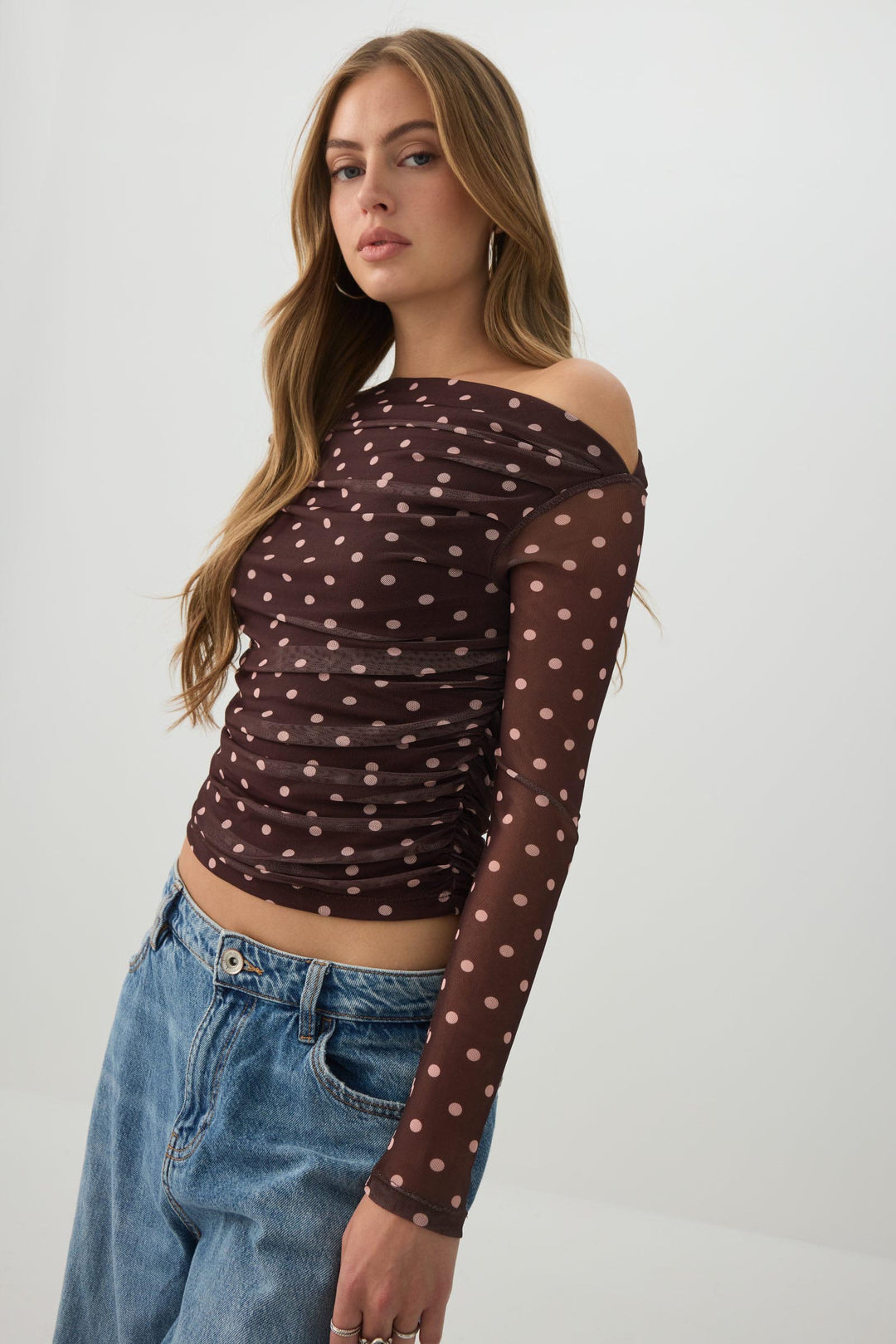 Polka Dot Mesh Long Sleeve Crop Top