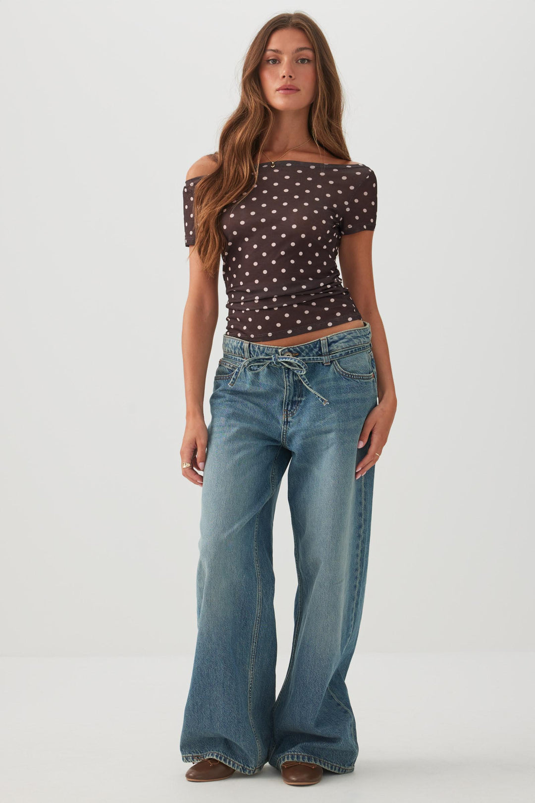 Polka Dot Off-Shoulder Boat Neck Top