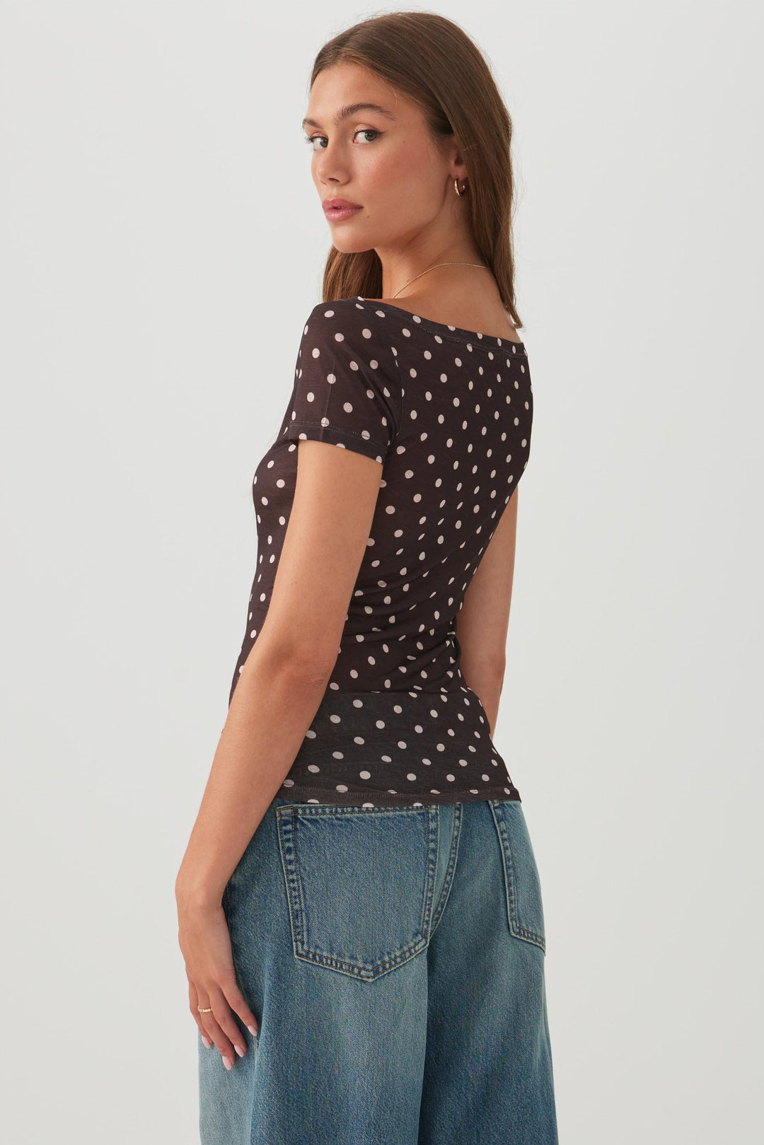 Polka Dot Off-Shoulder Boat Neck Top