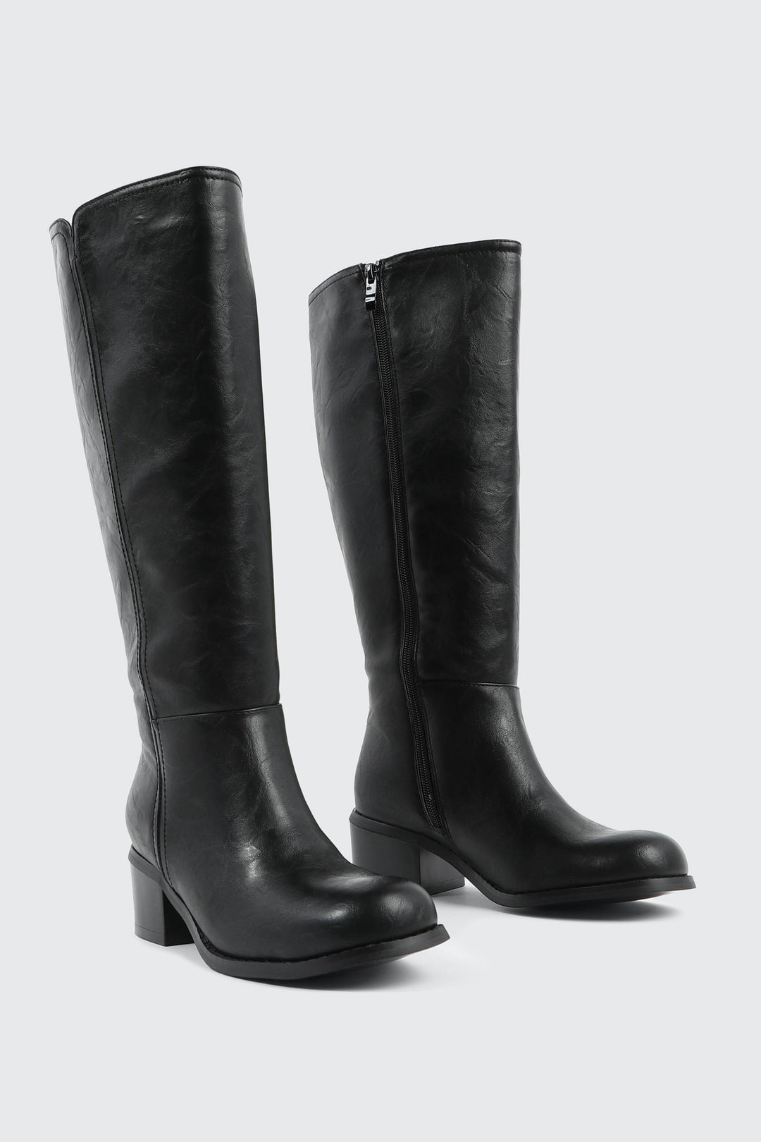 Faux Leather Square Toe Knee High Boots