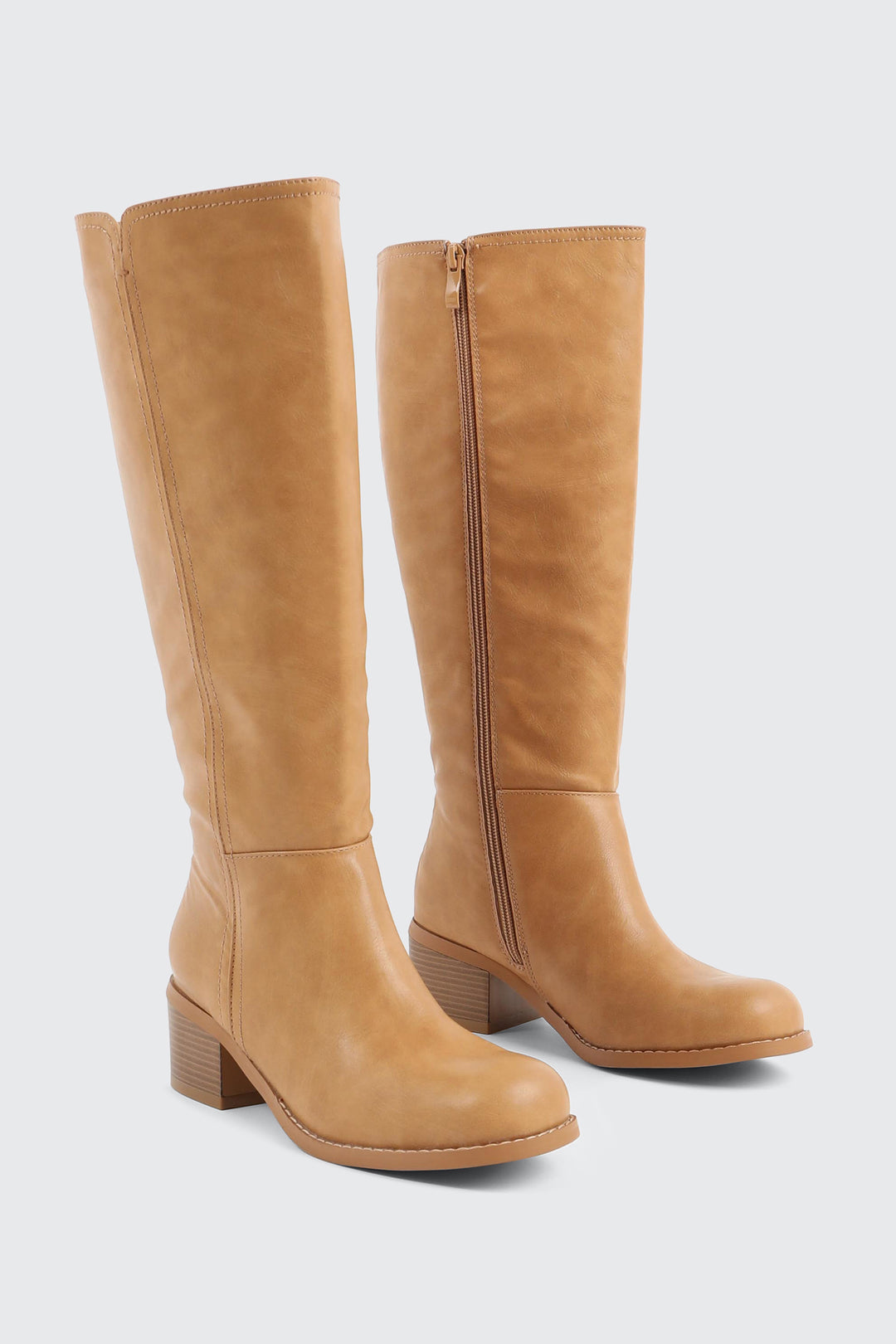Faux Leather Square Toe Knee High Boots