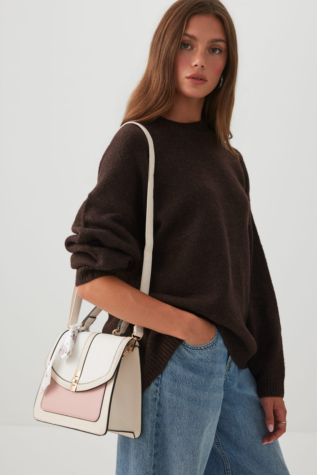 Faux Leather Handbag with Scarf