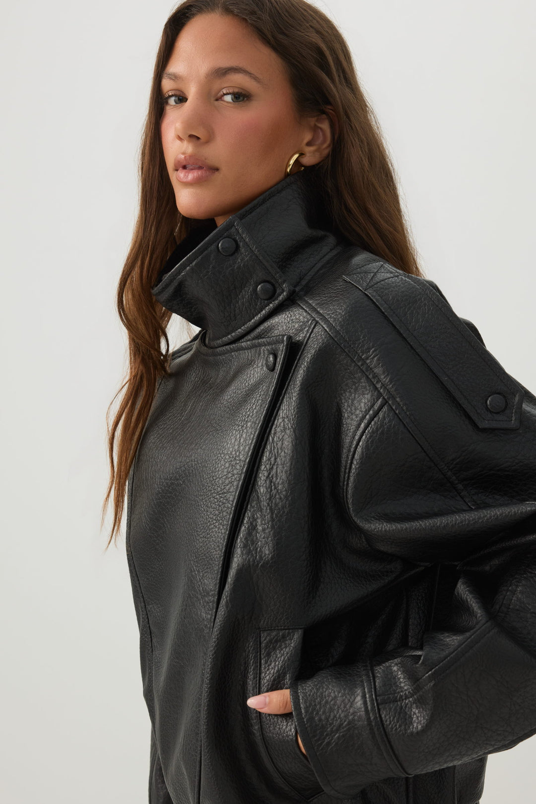 Oversized Faux Leather Funnel Neck Jacket